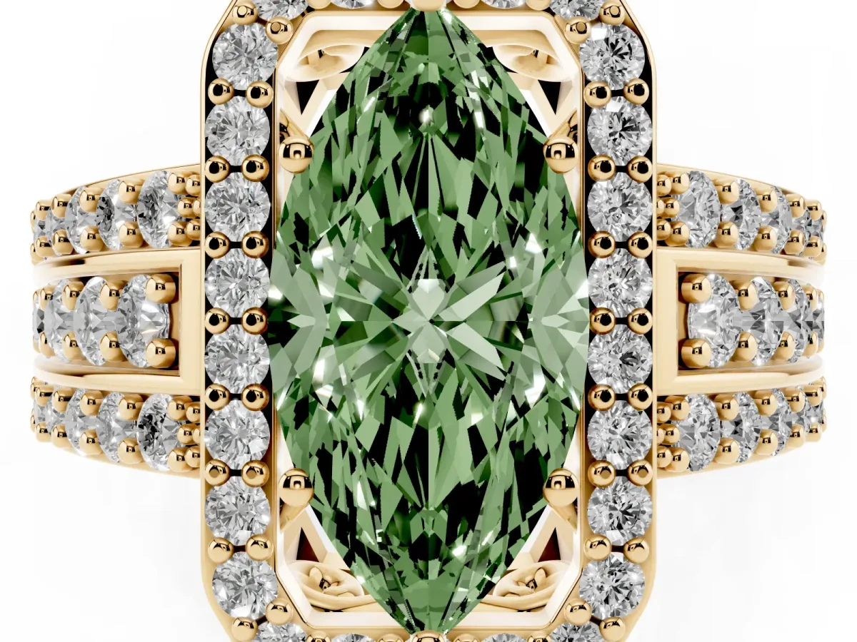 Fancy Green Marquise Cut Halo Diamond Ring with Round Split Shank and Prong Setting Yellow gold