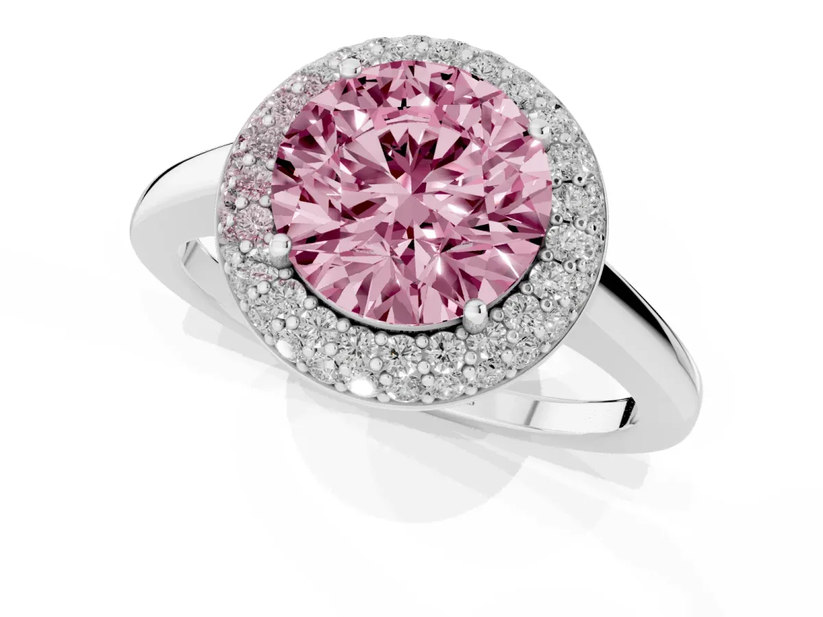 Fancy Pink Round Cut Halo Diamond Engagement Ring with Solitaire Band and Four-Prong Setting White gold