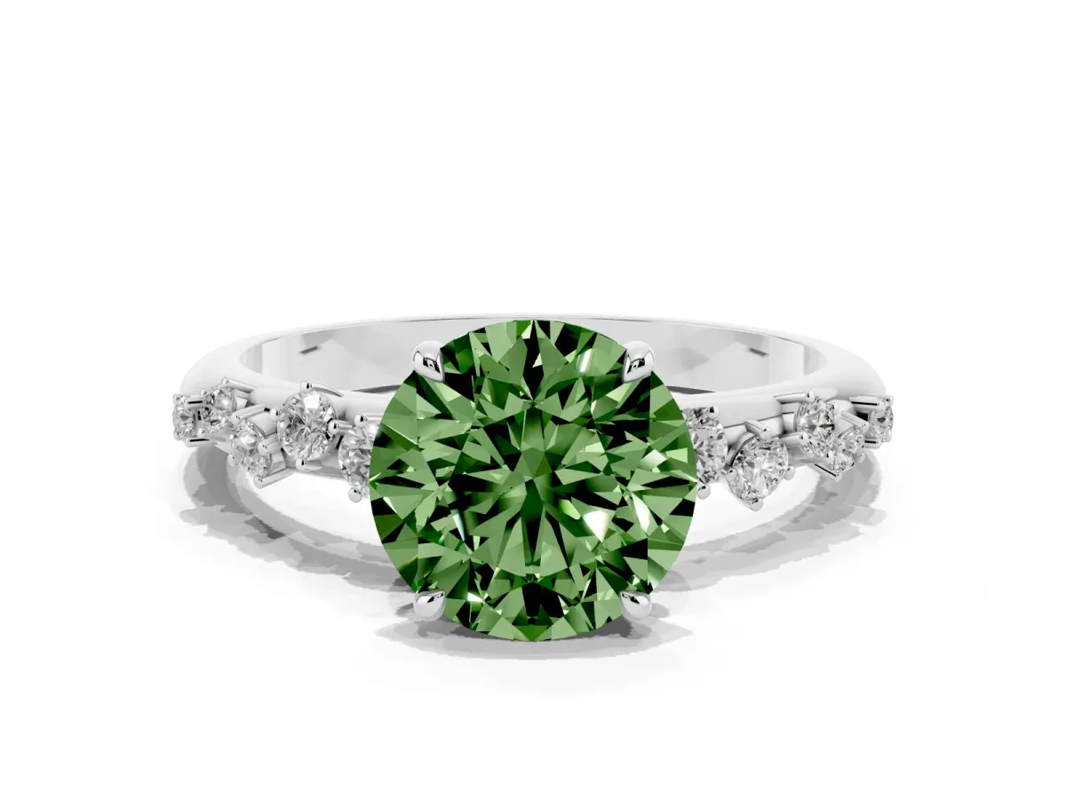 Fancy Green Round Cut Diamond Cluster Prong-Set Solitaire Ring Platinum