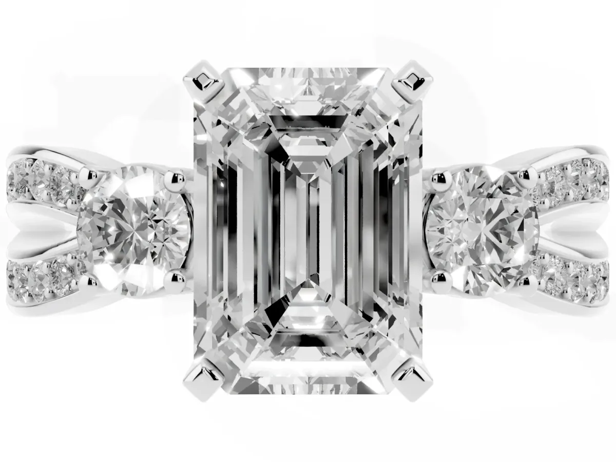 Three-Stone Emerald Cut Cut Diamond Twist Band with Prong Setting Silver