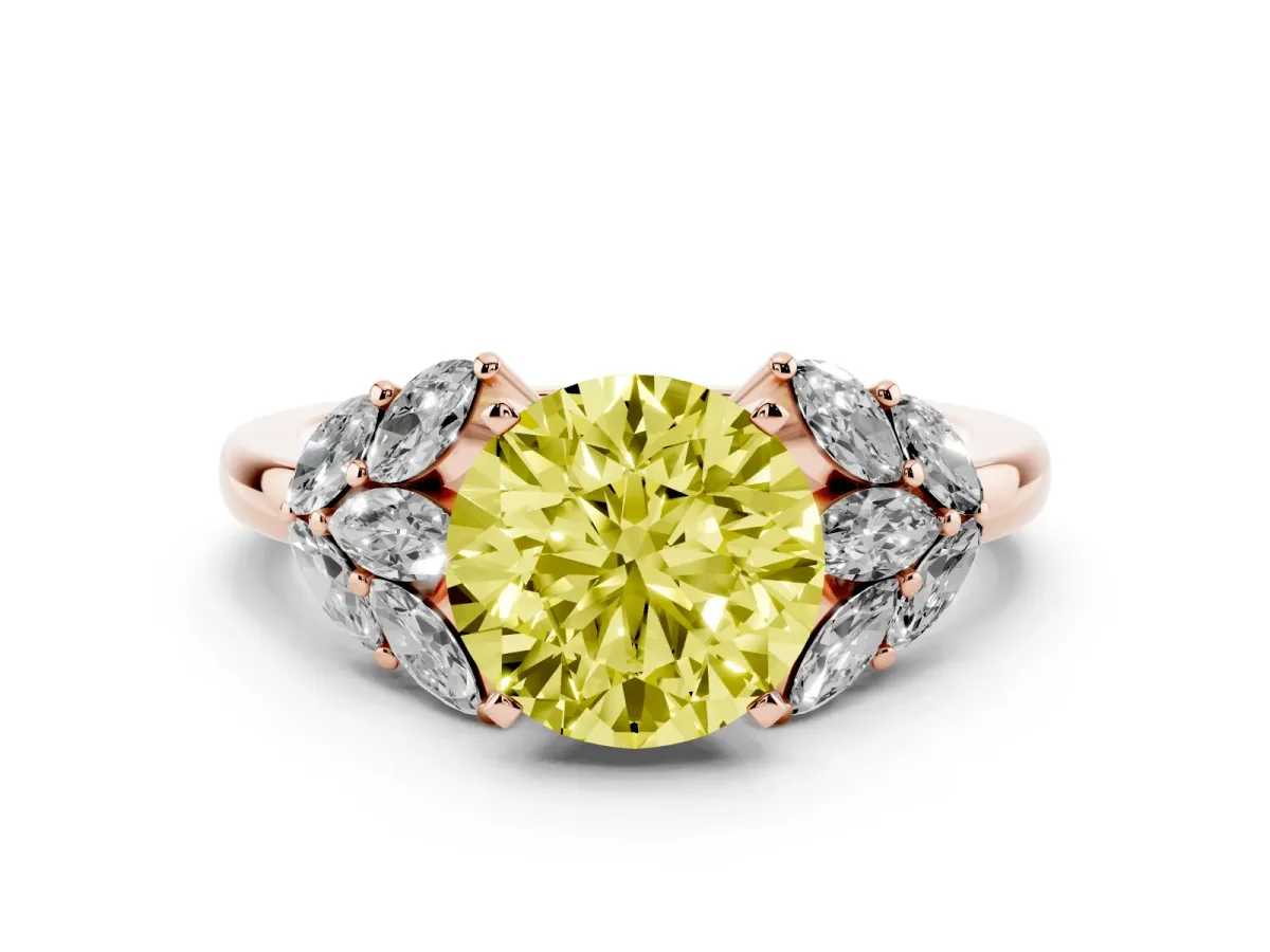 Fancy Yellow Round Cut Diamond Cluster Leaf Design Ring with Prong Setting Rose gold