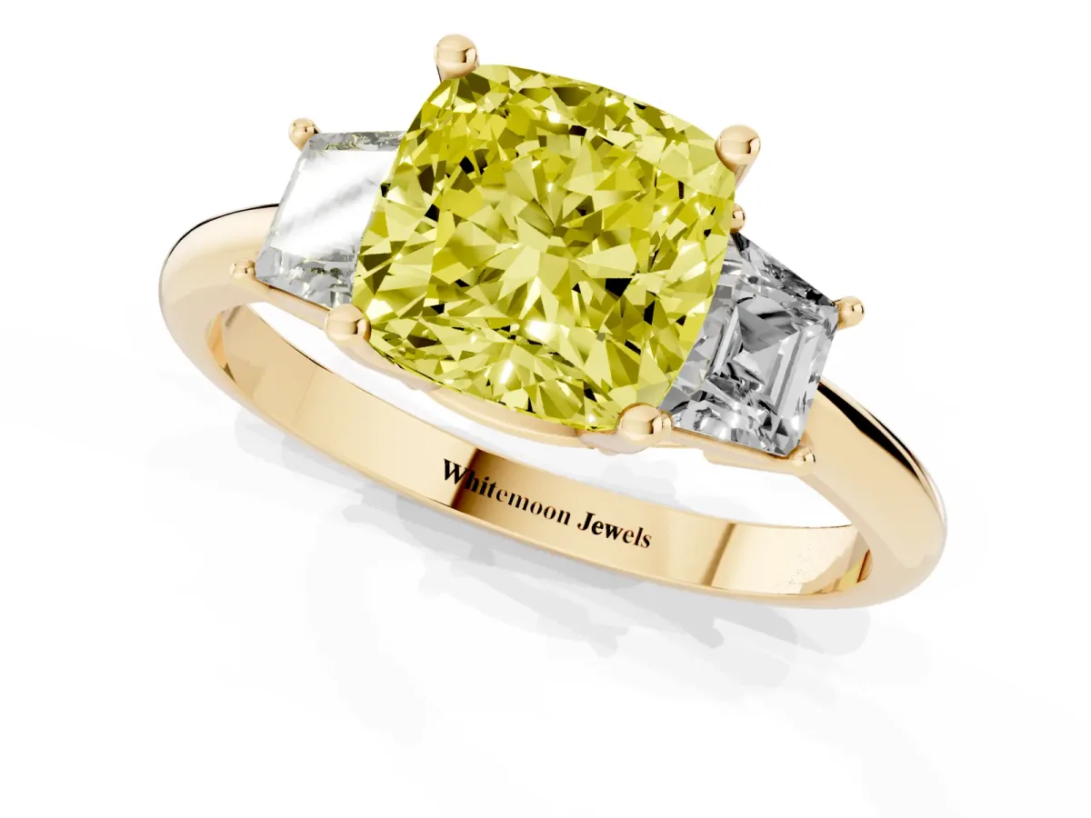 Fancy Yellow Cushion Cut Diamond Three-Stone Ring with Trapezoid Side Stones and Prong Setting Yellow gold