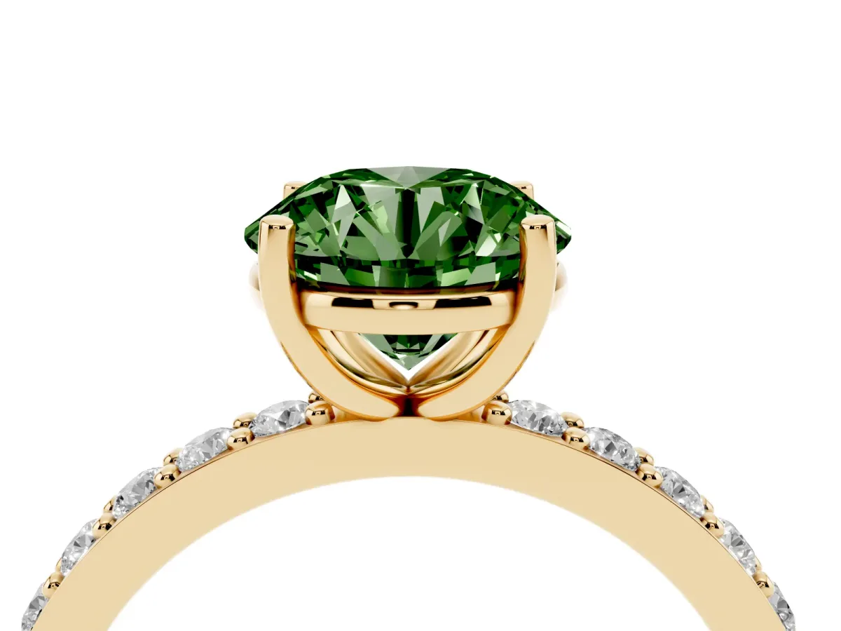 Fancy Green Round Cut Cut Diamond Solitaire with Pave Band and Four-Prong Setting Yellow gold