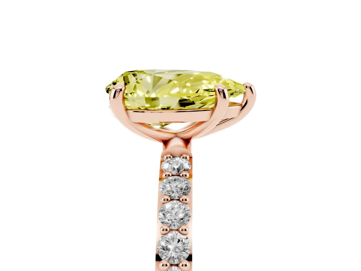 Fancy Yellow Pear Cut Diamond Solitaire Ring with Round Pavé Band and Prong Setting Rose gold