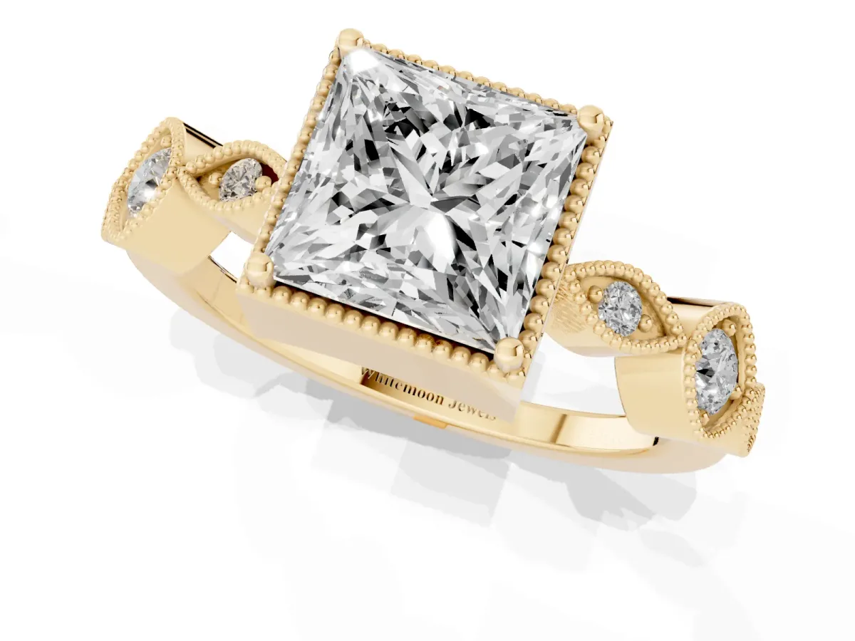 Princess Cut Diamond Vintage Milgrain Ring with Round Stations Yellow gold