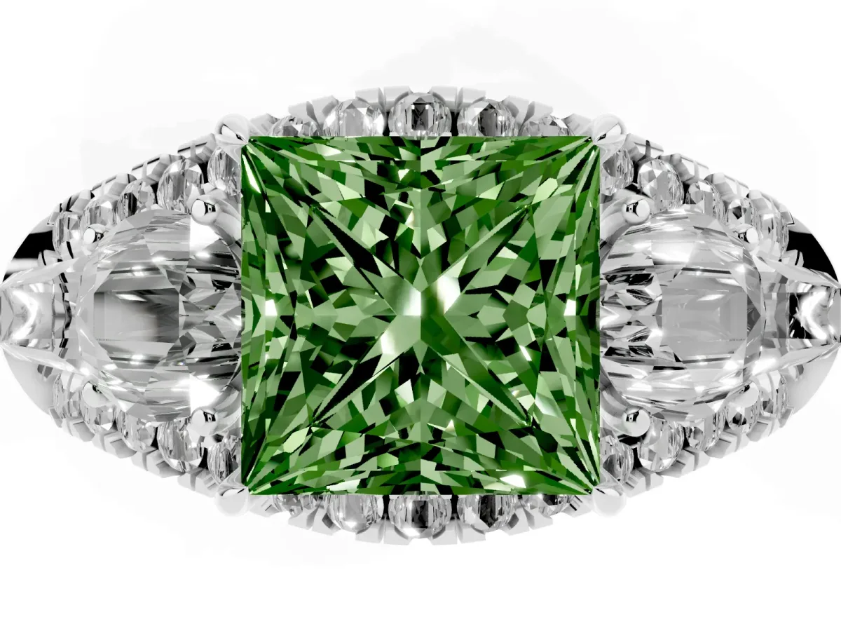Fancy Green Three-Stone Princess Cut Diamond Engagement Ring with Pave Band and Prong Setting Silver
