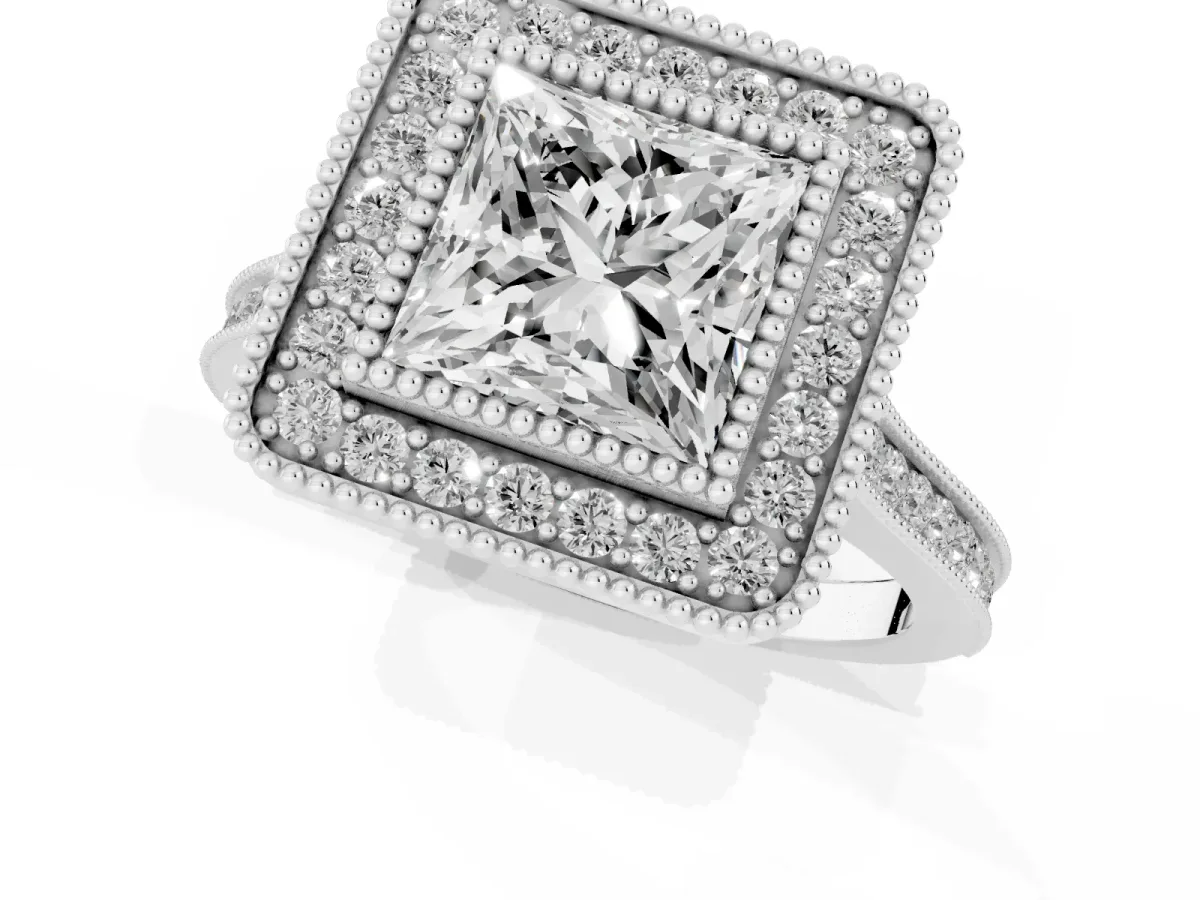 Princess Cut Diamond Halo Ring with Milgrain Frame and Pavé Band Platinum