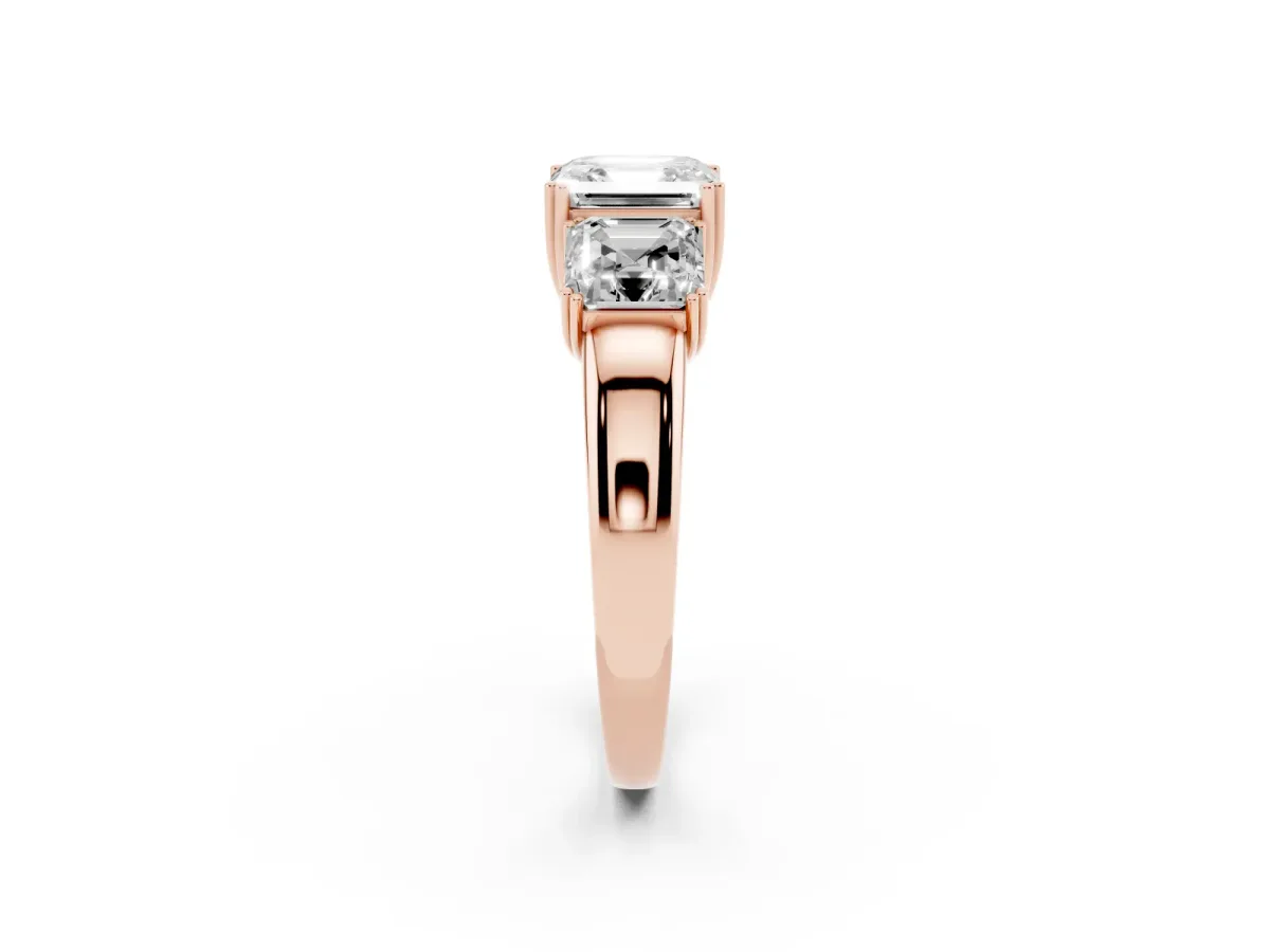 Three-Stone Asscher Cut Cut Diamond Ring with Channel Set Band and Four-Prong Setting Rose gold