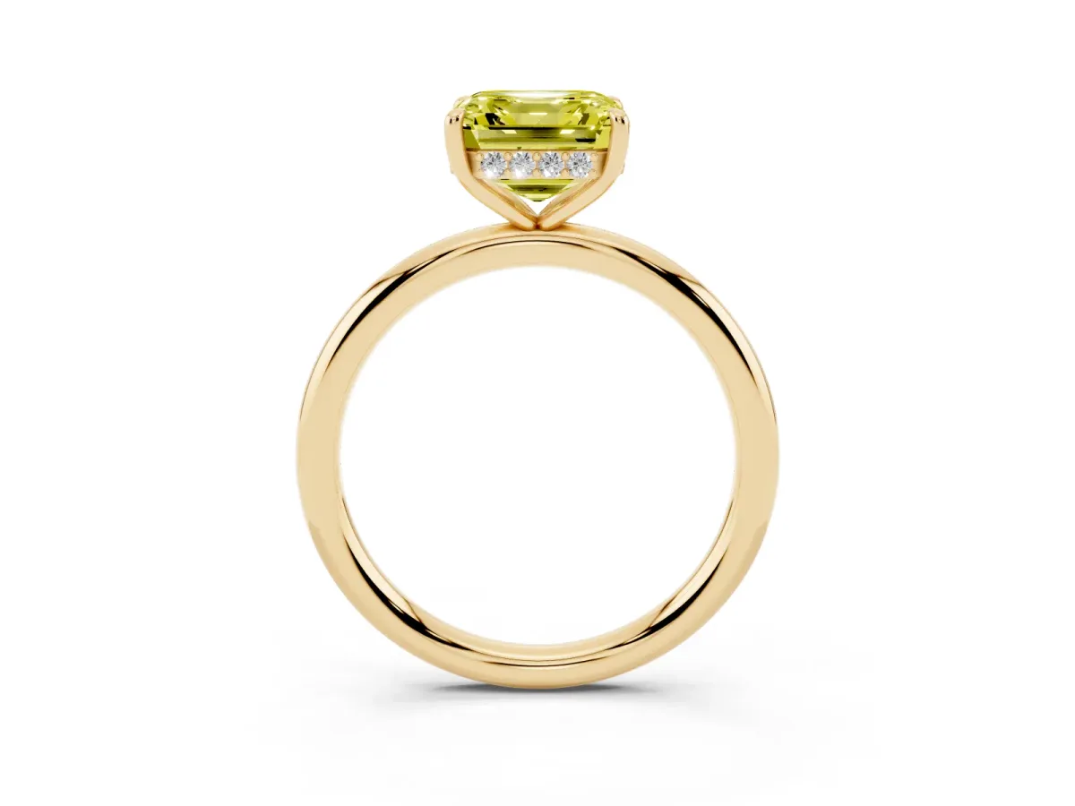 Fancy Yellow Asscher Cut Diamond Solitaire Ring with Thin Band and Four-Prong Setting Yellow gold