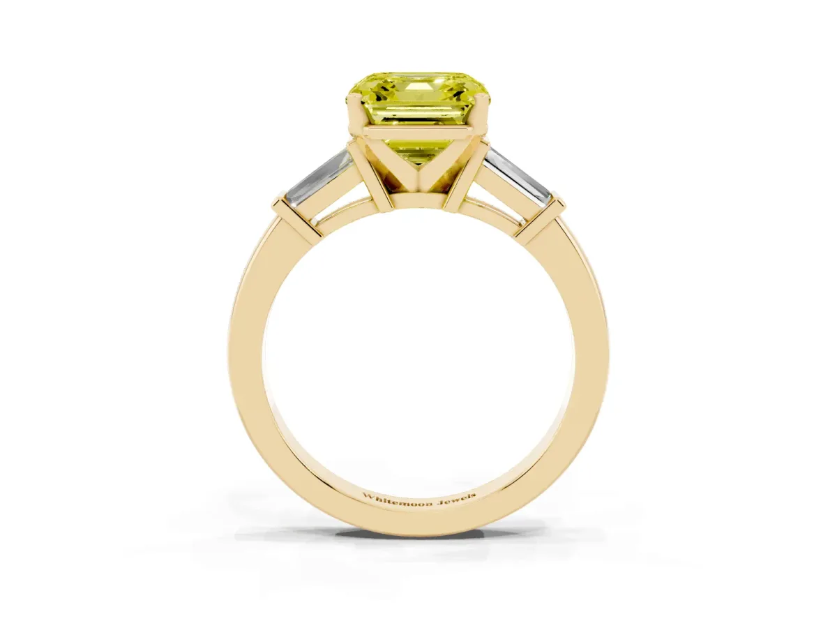 Fancy Yellow Asscher Cut Cut Diamond Solitaire Ring with Tapered Baguette Accents and Four-Prong Setting Yellow gold