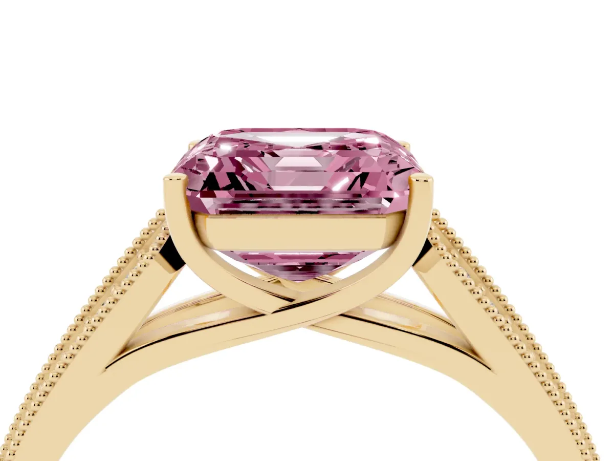 Fancy Pink Asscher Cut Cut Pave Split Shank Engagement Ring with Four-Prong Setting Yellow gold