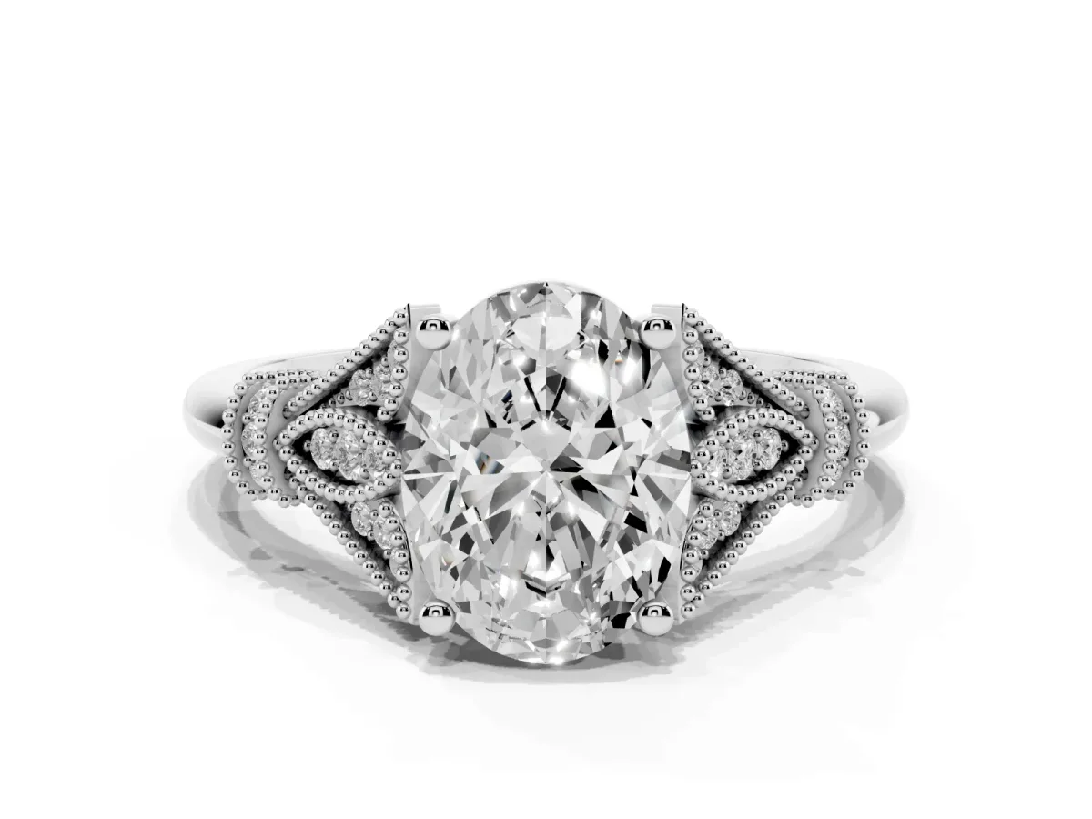 Oval Cut Diamond Solitaire Ring with Floral Filigree and Pave Accents Silver