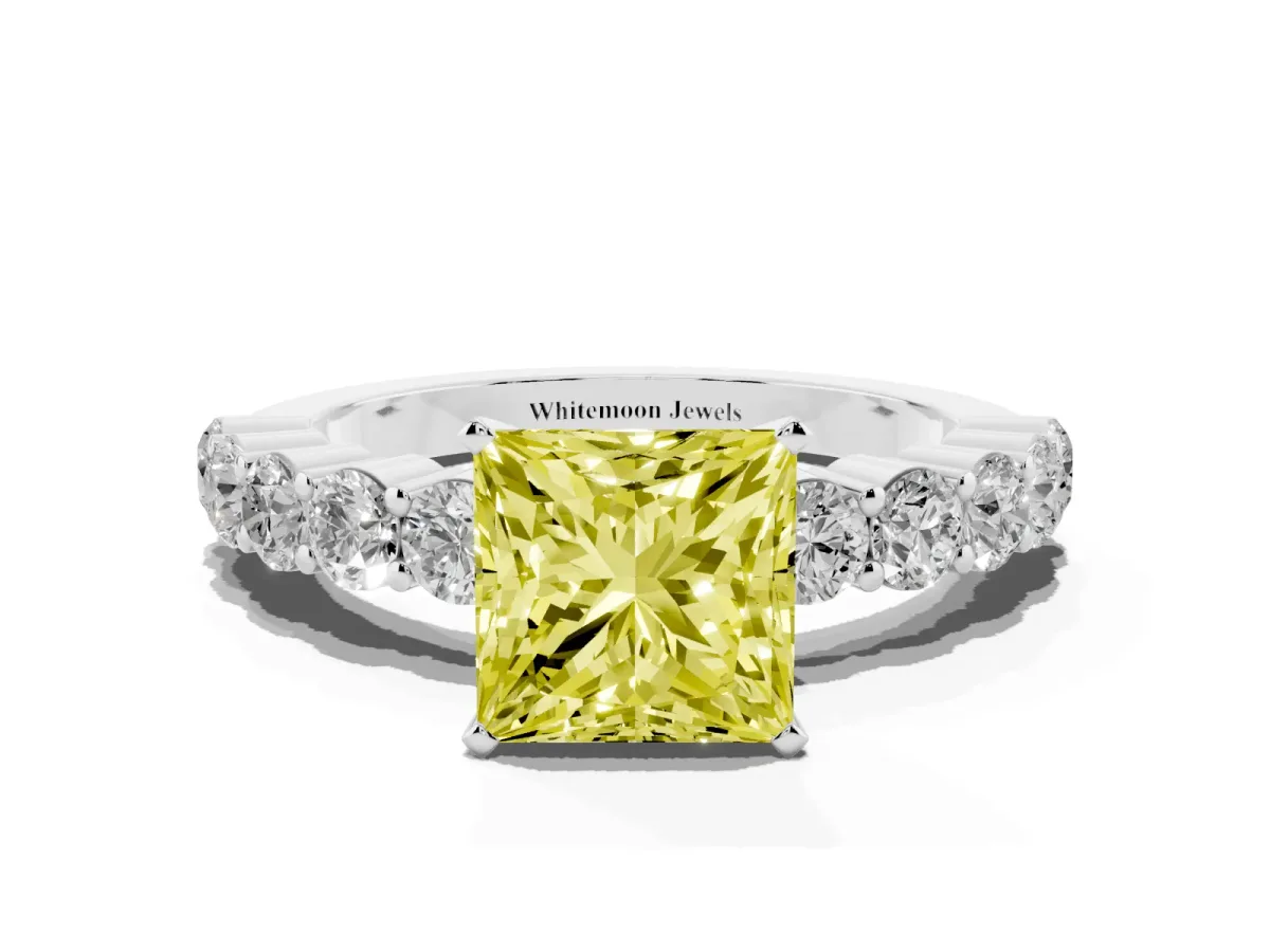 Fancy Yellow Princess Cut Diamond Solitaire Ring with Shared Prong Round Side Stones Platinum