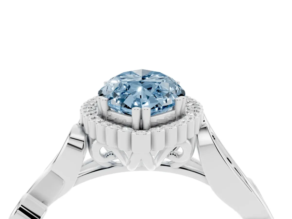 Fancy Blue Marquise Cut Diamond Halo Ring with Vintage Split Shank and Four-Prong Setting Silver
