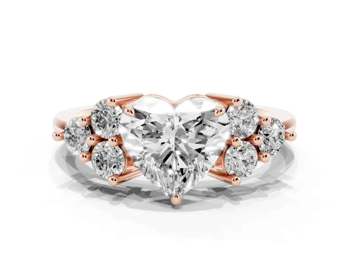 Heart Cut Brilliant Diamond Cluster Accent Solitaire Ring with Prong Setting Rose gold