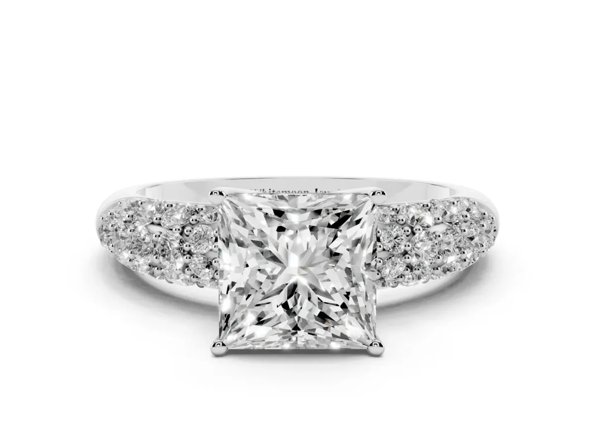 Princess Cut Diamond Pavé Band Solitaire Ring with Four-Prong Setting Platinum