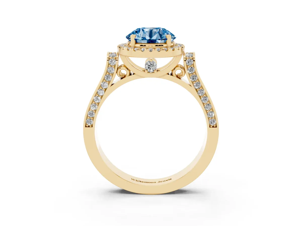 Fancy Blue Round Cut Halo Round Diamond Twist Band with Four-Prong Setting Yellow gold