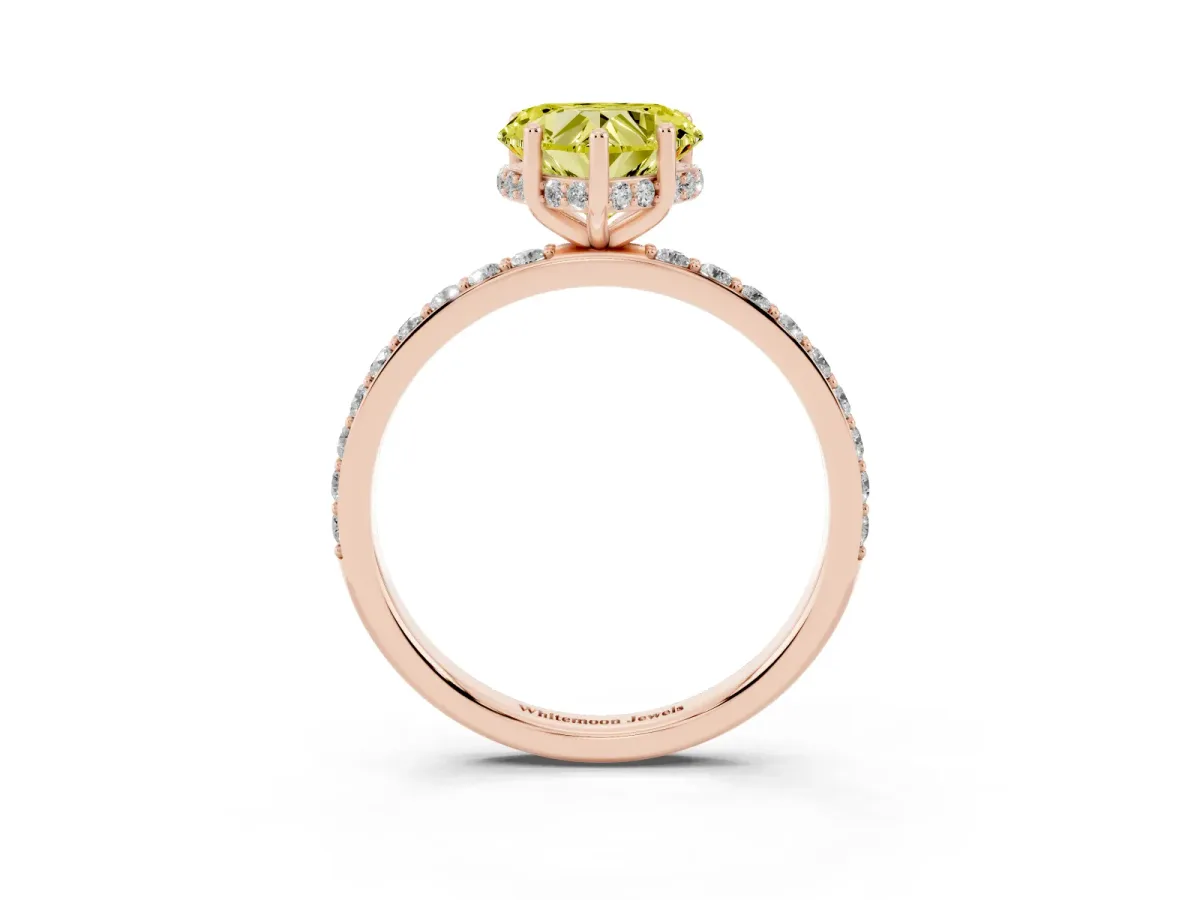 Fancy Yellow Heart Cut Diamond Solitaire Ring with Pavé Band and Hidden Halo Rose gold