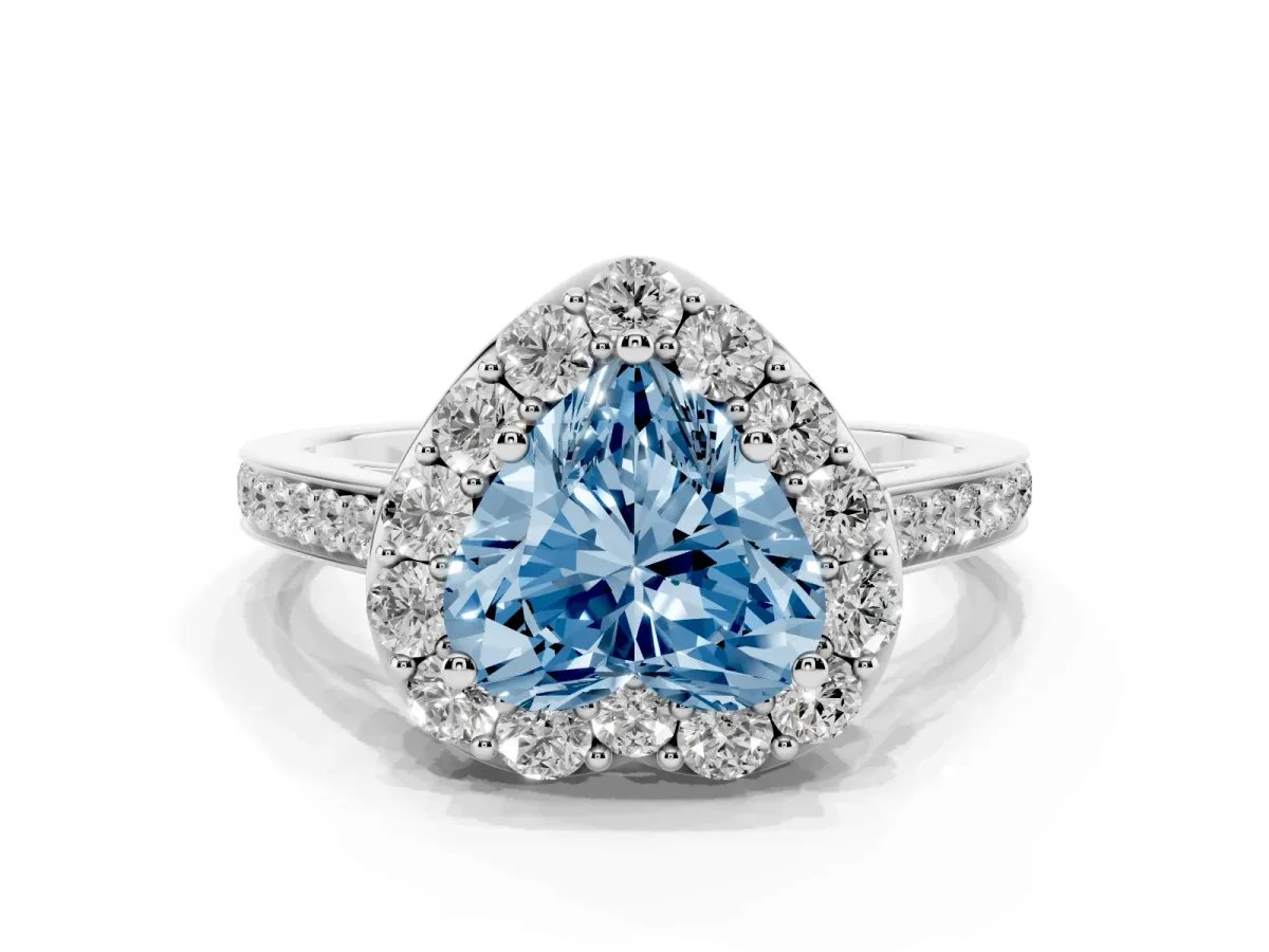 Fancy Blue Heart Cut Diamond Floral Halo Ring with Pavé Band and Prong Setting White gold