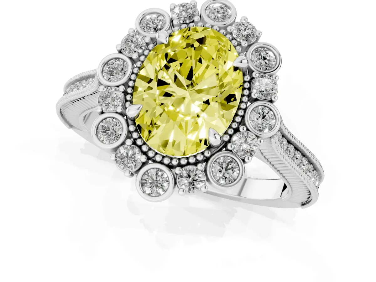 Fancy Yellow Oval Cut Halo Milgrain Pave Diamond Ring with Four-Prong Setting Silver
