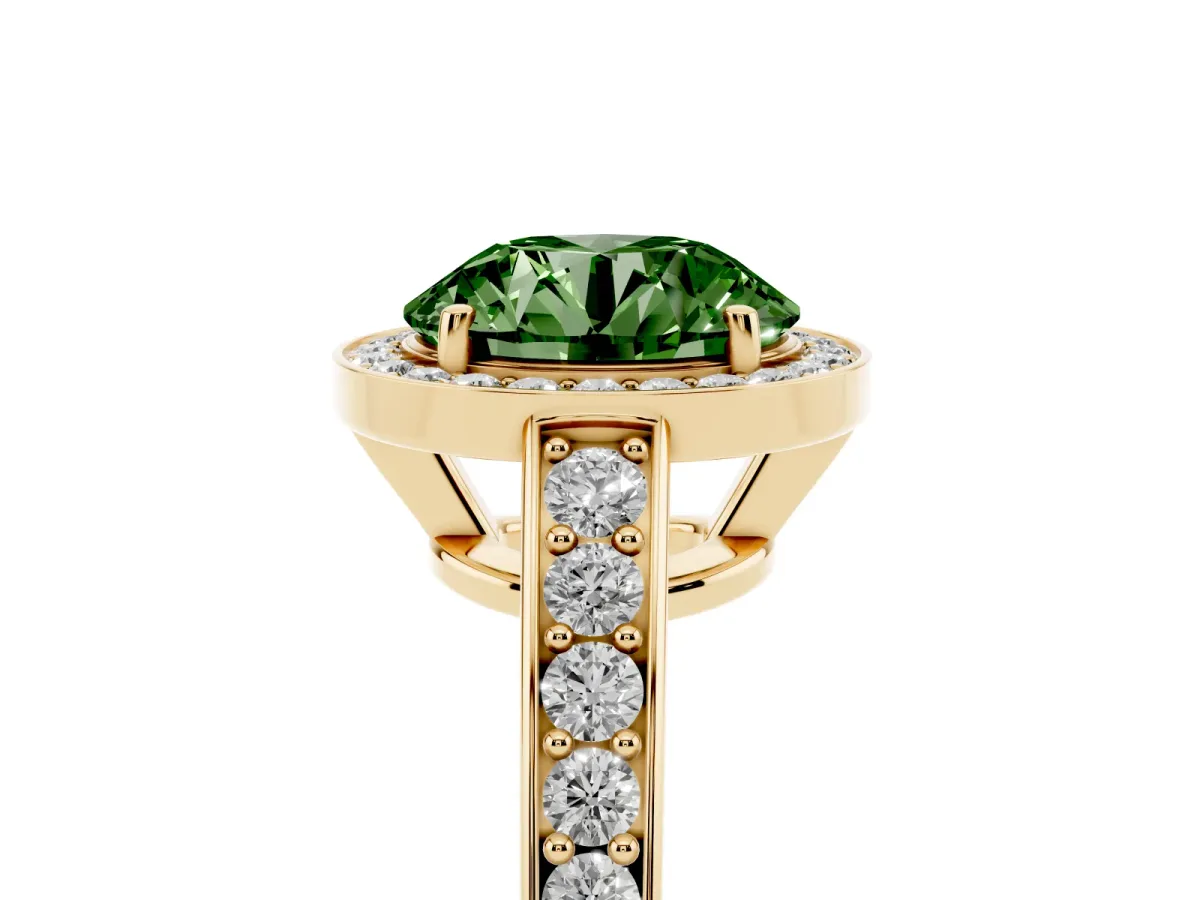 Fancy Green Round Cut Halo Pavé Diamond Engagement Ring with Bezel Setting Yellow gold