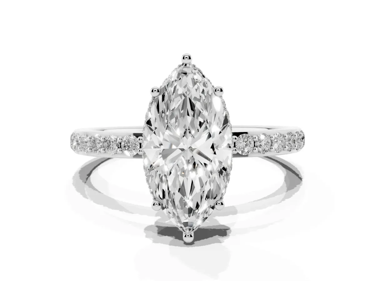 Marquise Cut Diamond Solitaire Ring with Pavé Band and Hidden Halo Silver