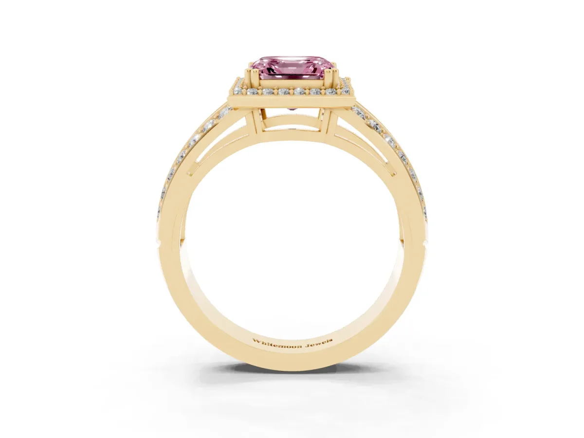 Fancy Pink Asscher Cut Diamond Halo Ring with Split Shank Pavé Band and Four-Prong Setting Yellow gold