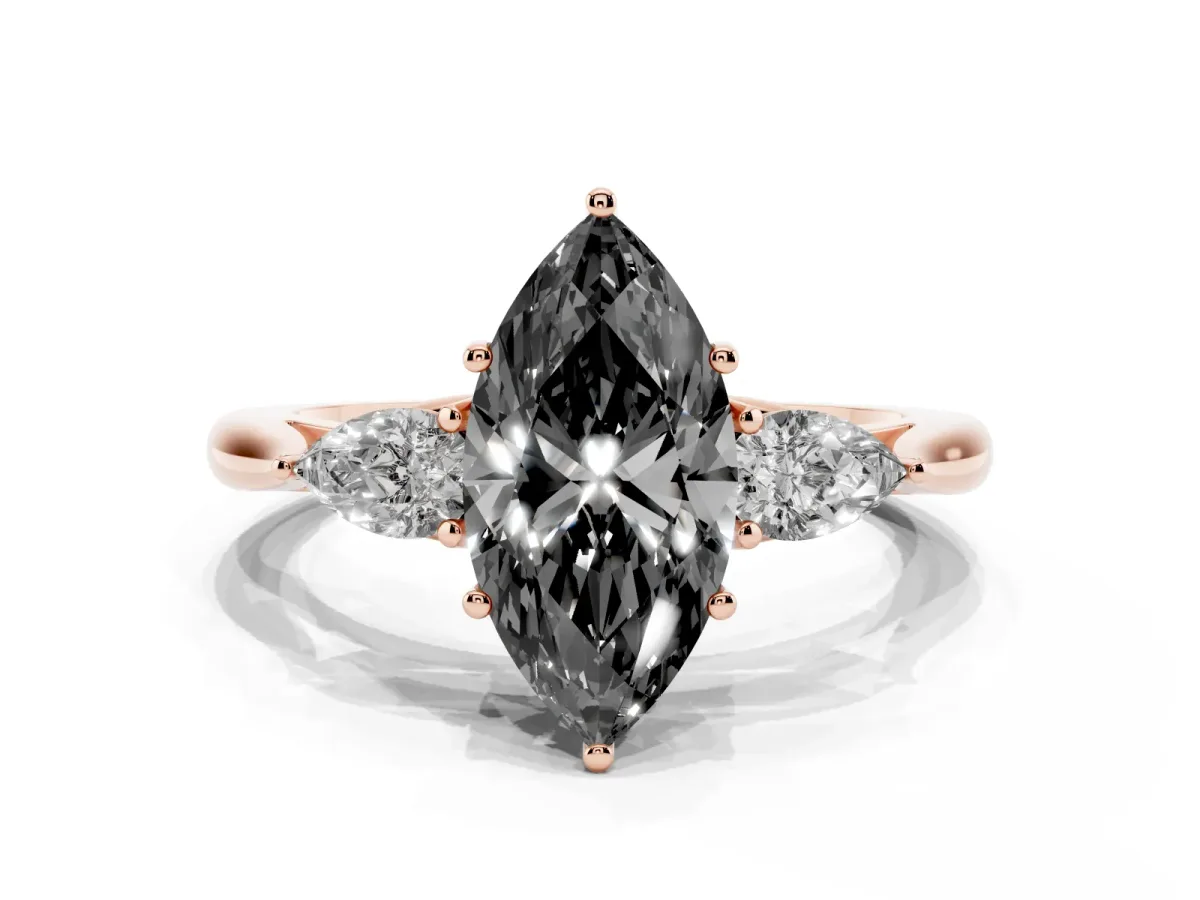 Fancy Black Three-Stone Marquise Cut Brilliant Diamond Solitaire Ring with Tapered Band and Four-Prong Setting Rose gold
