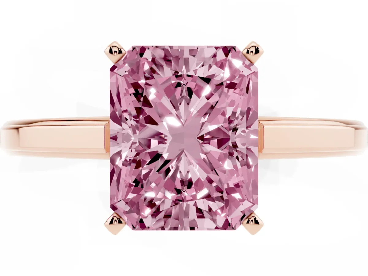 Fancy Pink Radiant Cut Solitaire Diamond Ring with Four-Prong Setting and Classic Band Rose gold