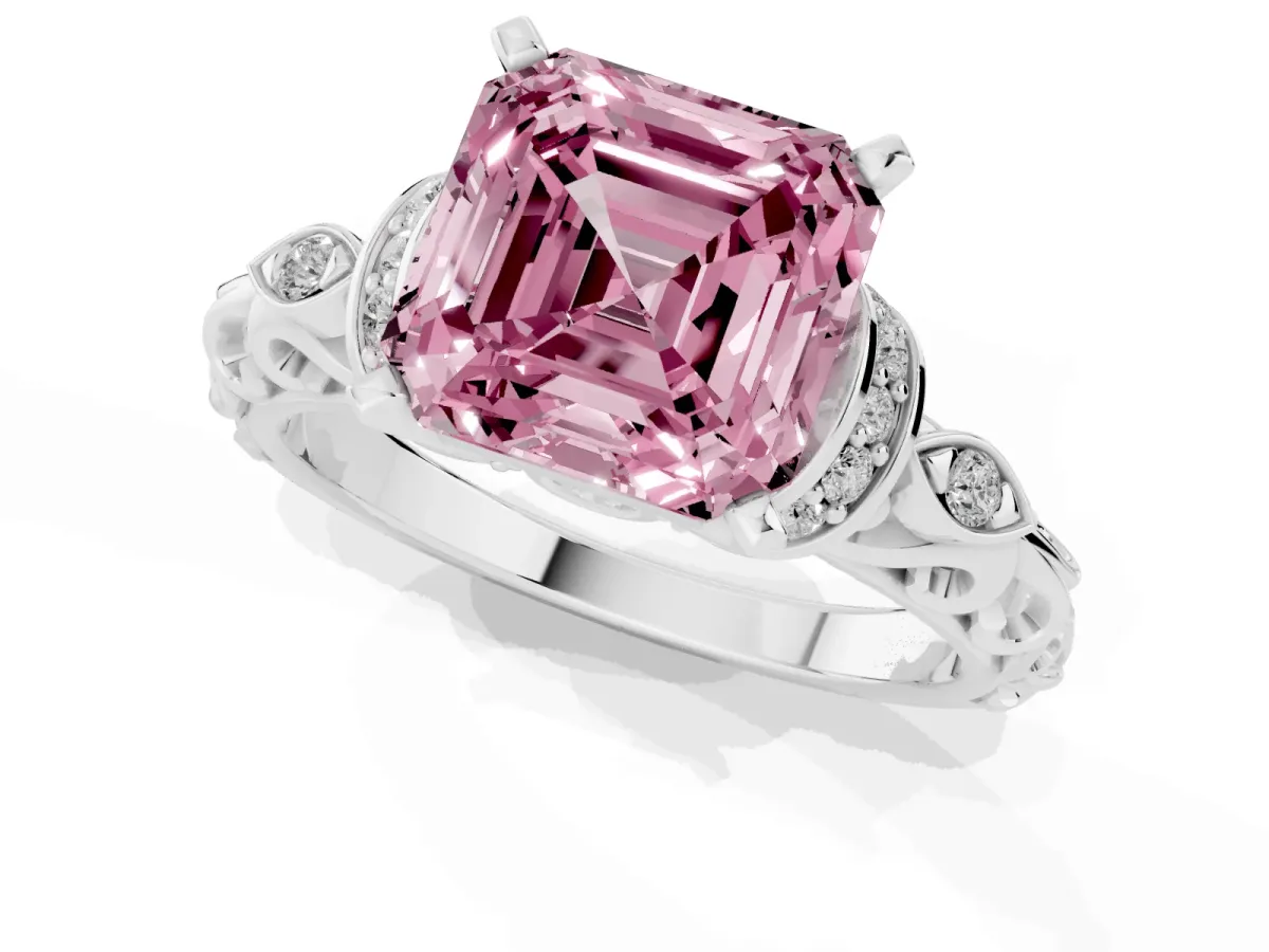 Fancy Pink Asscher Cut Diamond Solitaire Ring with Filigree Band and Four-Prong Setting Silver