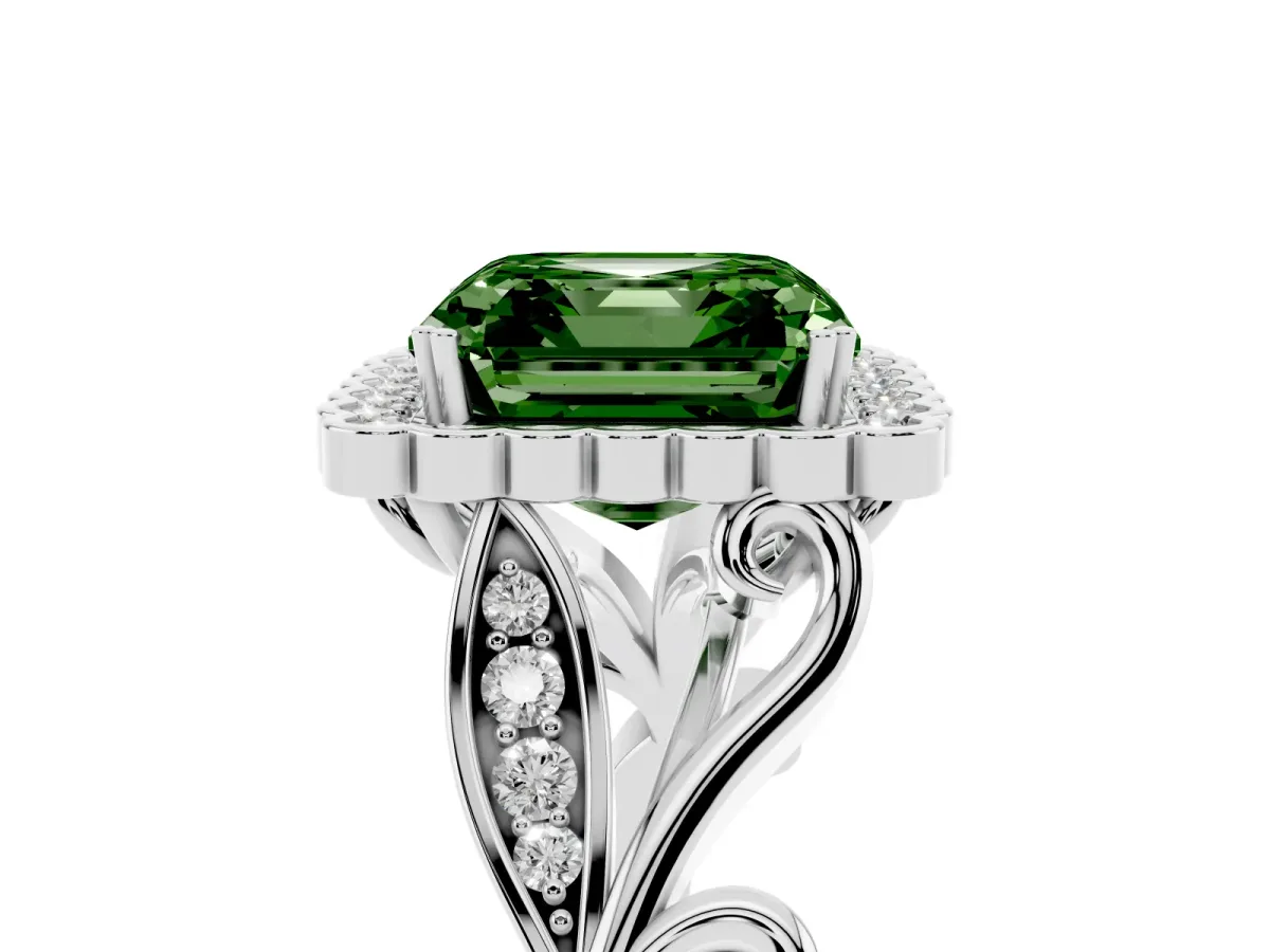 Fancy Green Asscher Cut Diamond Halo Ring with Vintage Split Shank and Four-Prong Setting Silver