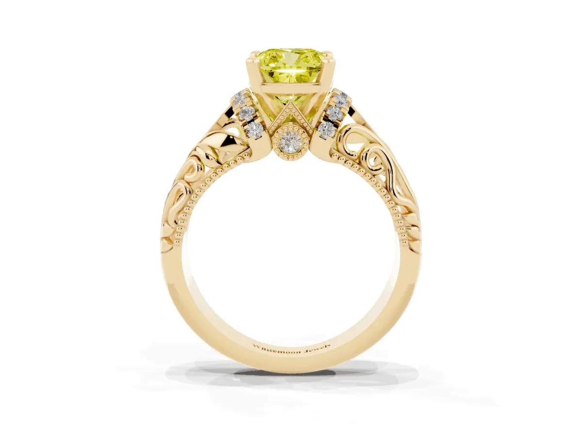 Fancy Yellow Cushion Cut Solitaire Filigree Engagement Ring with Halo and Prong Setting Yellow gold