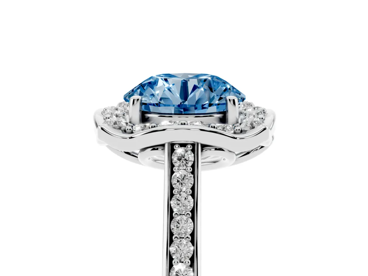 Fancy Blue Round Cut Halo Round Diamond Pave Band with Four-Prong Setting Silver