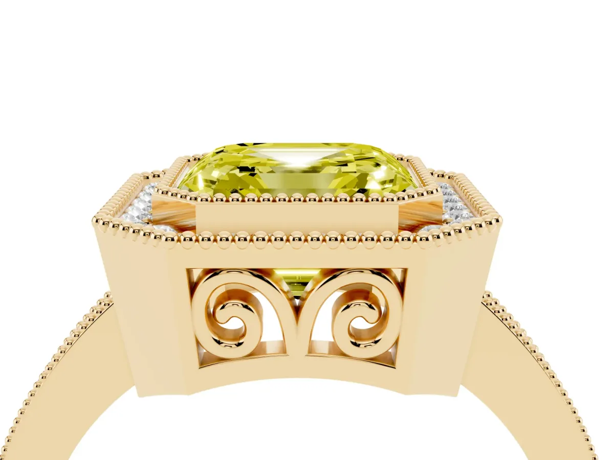 Fancy Yellow Asscher Cut Cut Halo Diamond Ring with Pavé Band and Milgrain Prong Setting Yellow gold