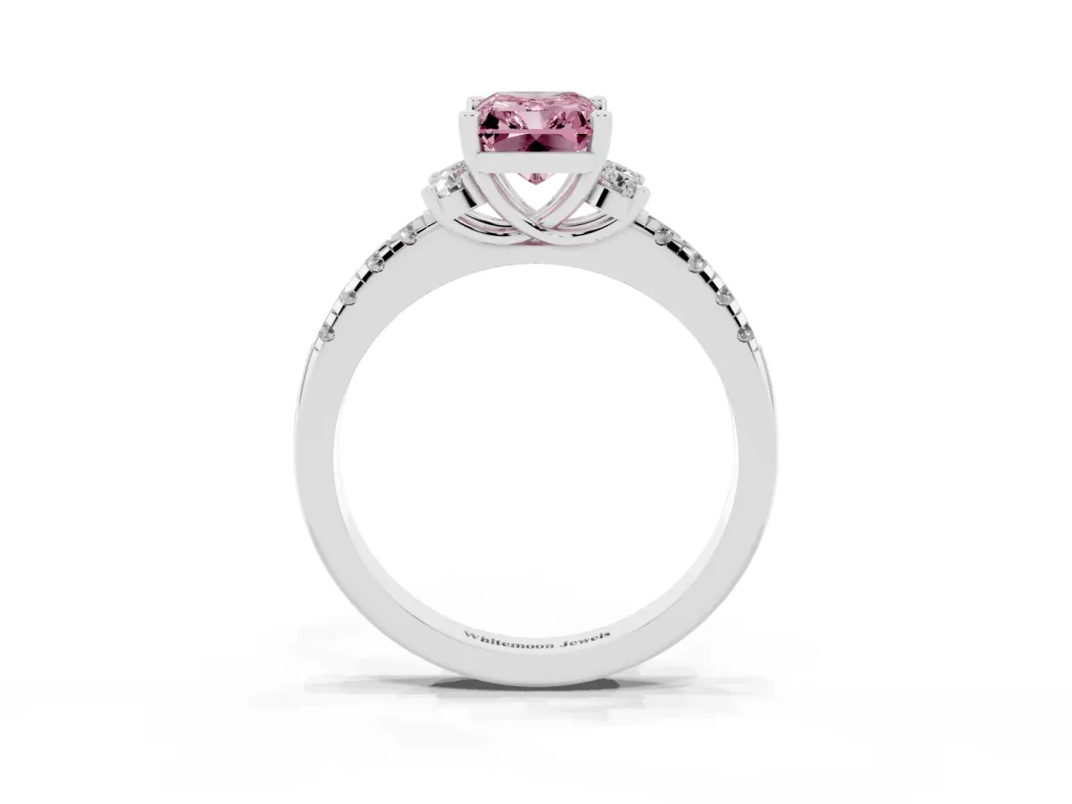 Fancy Pink Radiant Cut Diamond Three-Stone Pave Band with Four-Prong Setting Silver