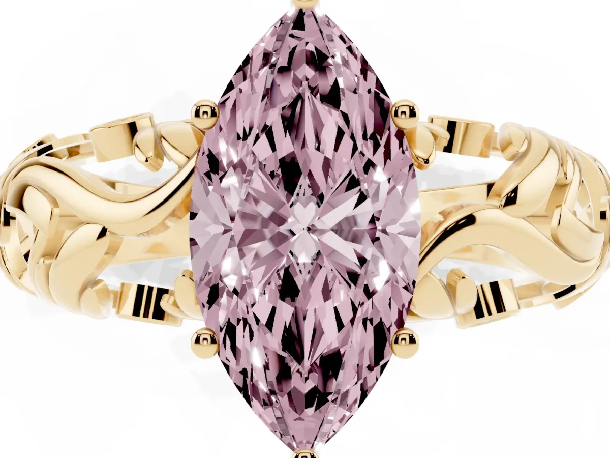 Fancy Pink Marquise Cut Solitaire Diamond Leaf-Inspired Vine Band Ring with Prong Setting Yellow gold