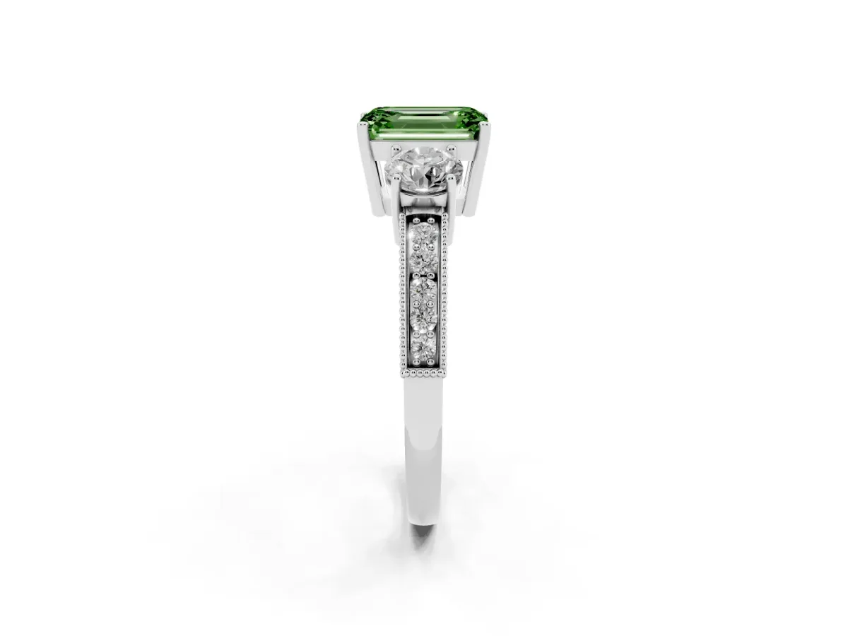 Fancy Green Emerald Cut Three-Stone Diamond Ring with Pavé Band and Four-Prong Setting Silver