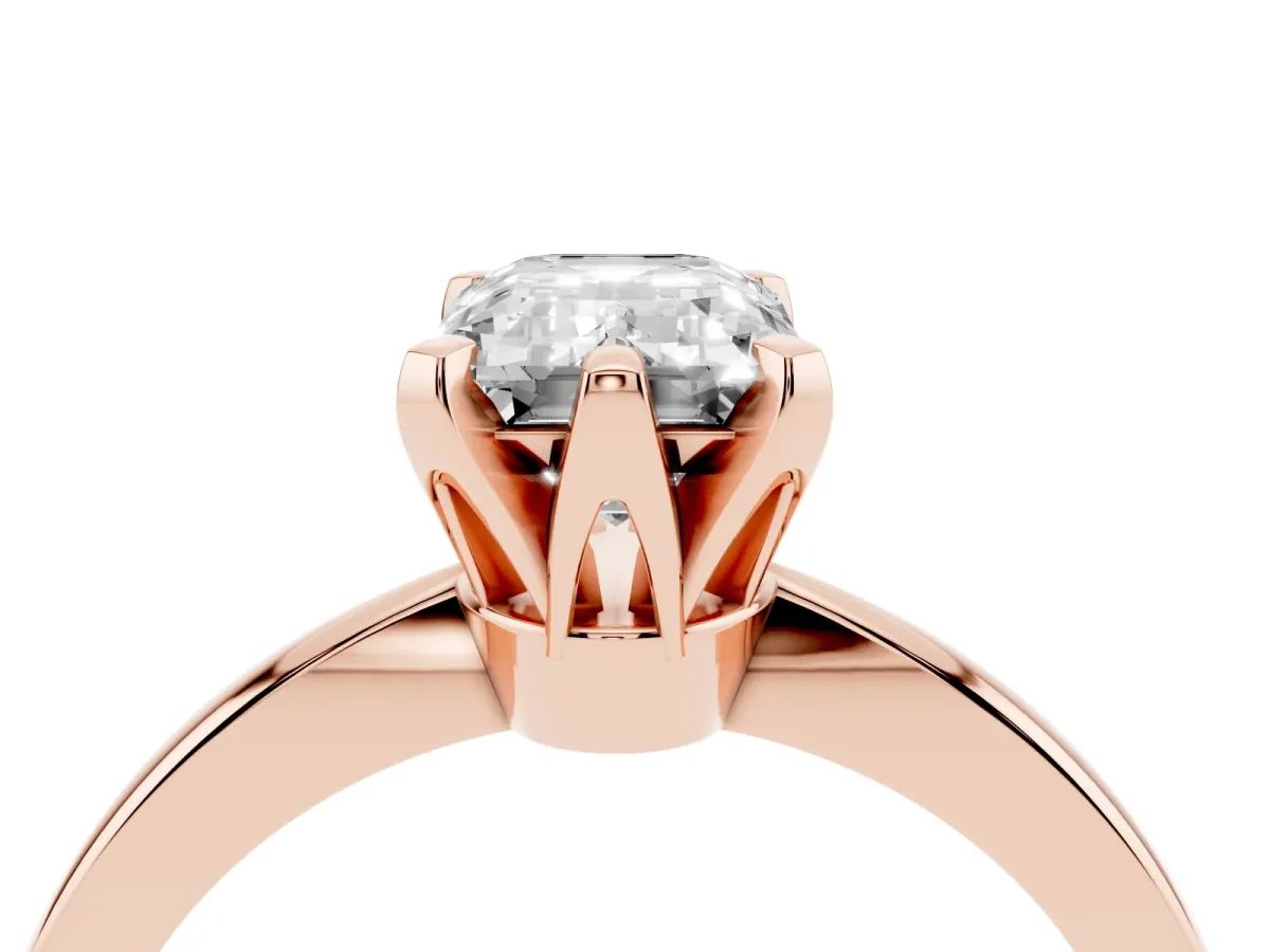 Emerald Cut Solitaire Engagement Ring with Six-Prong Setting and Tapered Band Rose gold