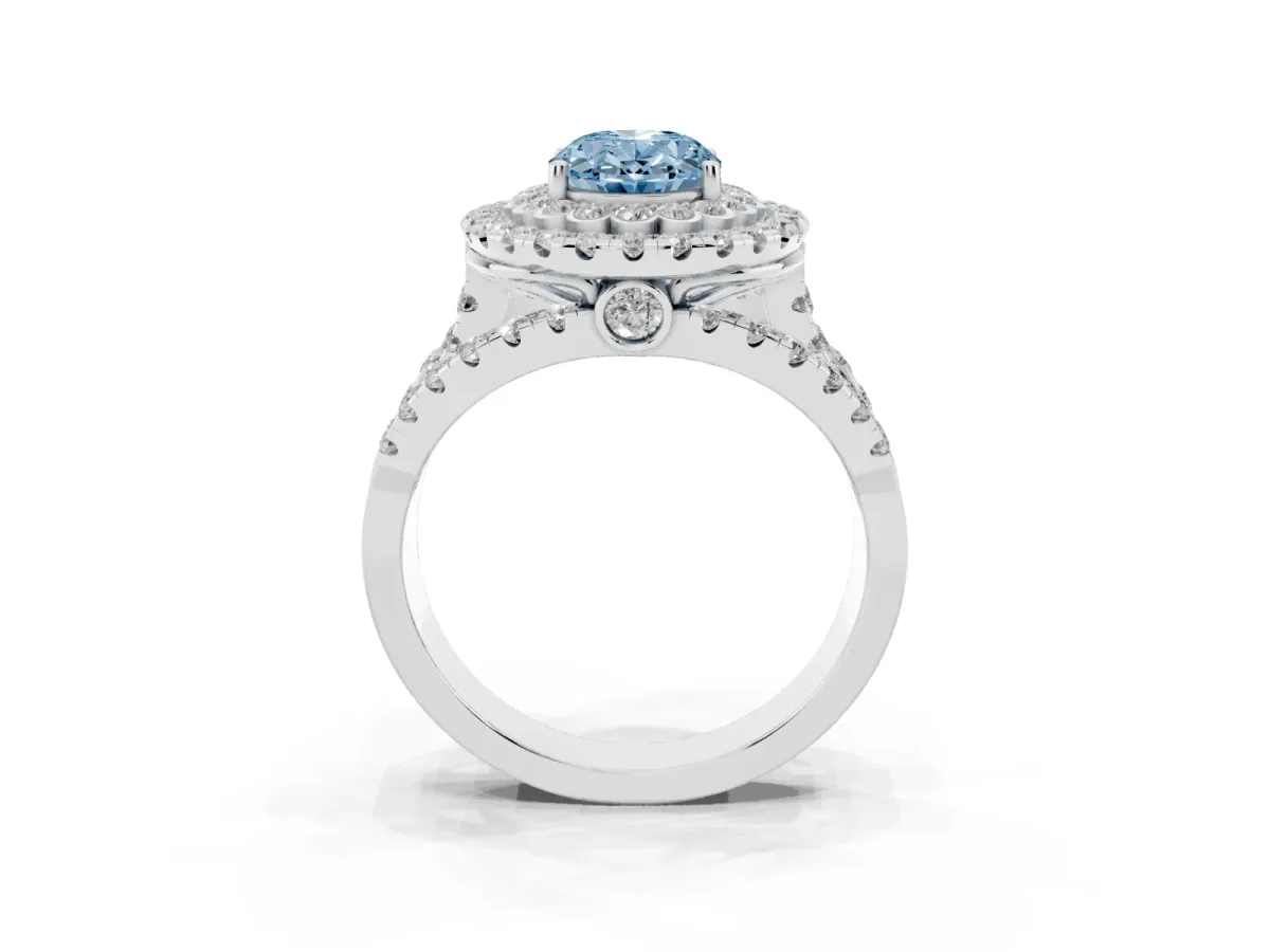 Fancy Blue Oval Cut Diamond Double Halo Ring with Round Pavé Split Shank and Prong Setting Platinum