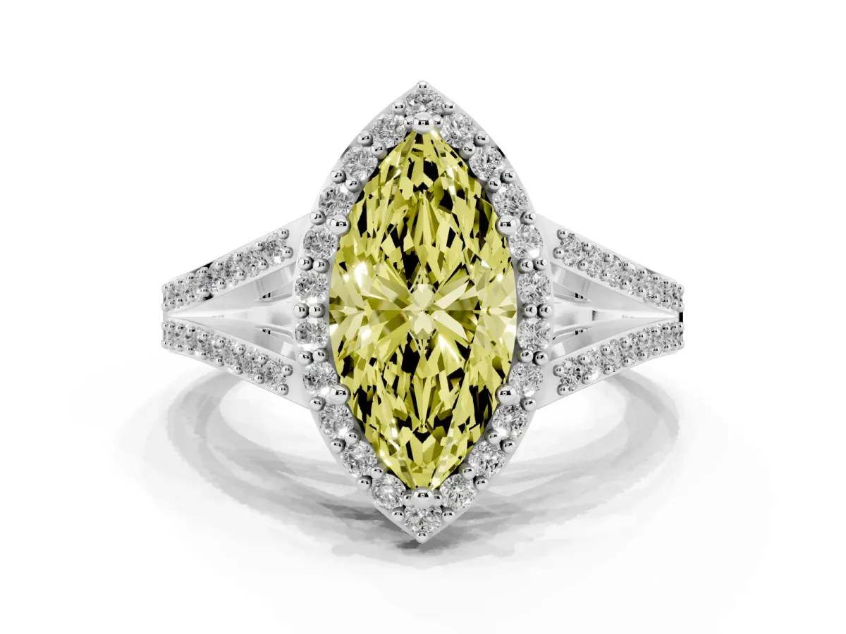 Fancy Yellow Marquise Cut Halo Split Shank Diamond Ring with Prong Setting Platinum