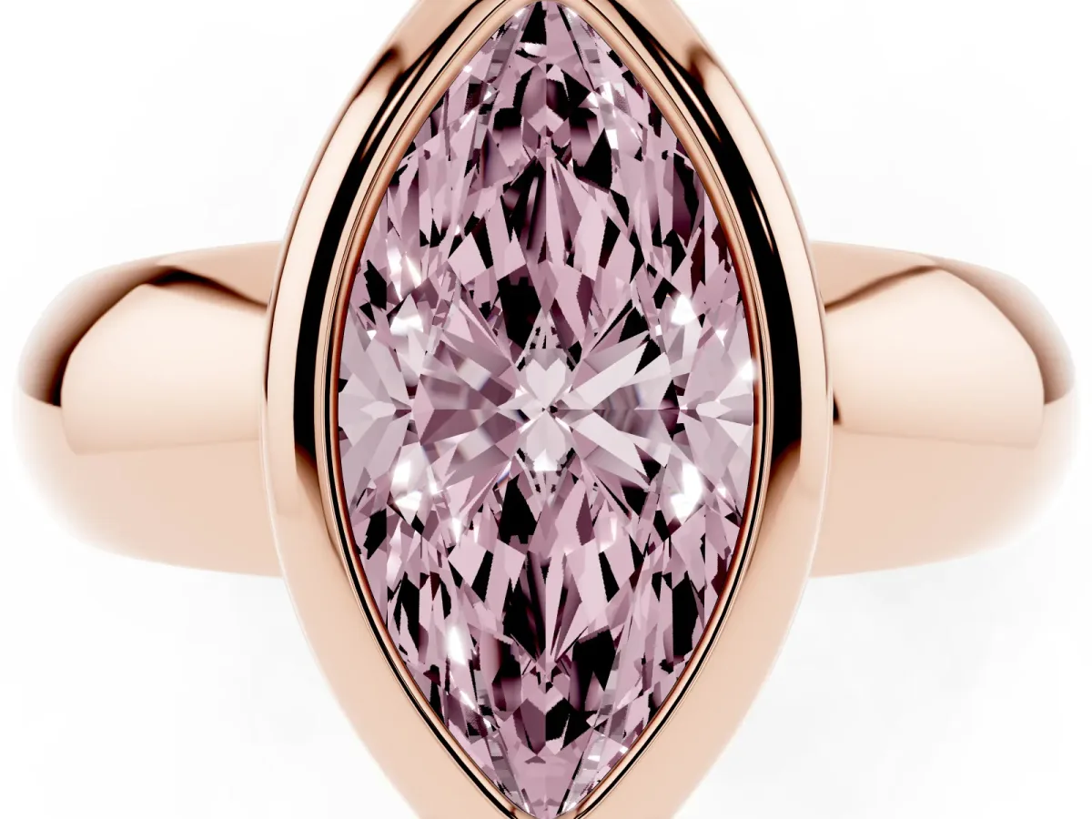 Fancy Pink Bezel Set Marquise Cut Solitaire Ring with Wide Band Rose gold
