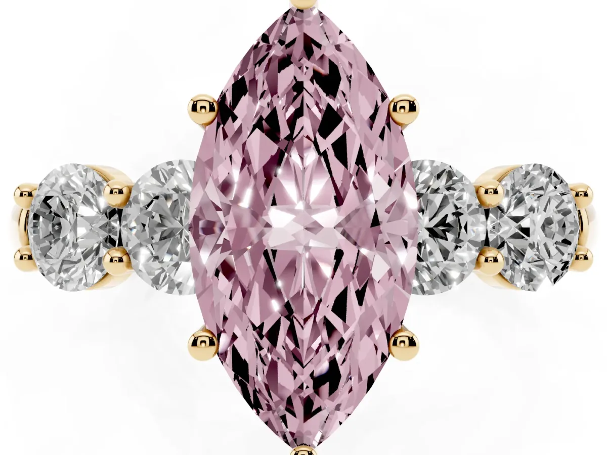 Fancy Pink Marquise Cut Cut Five-Stone Prong Set Diamond Ring with Classic Band Yellow gold