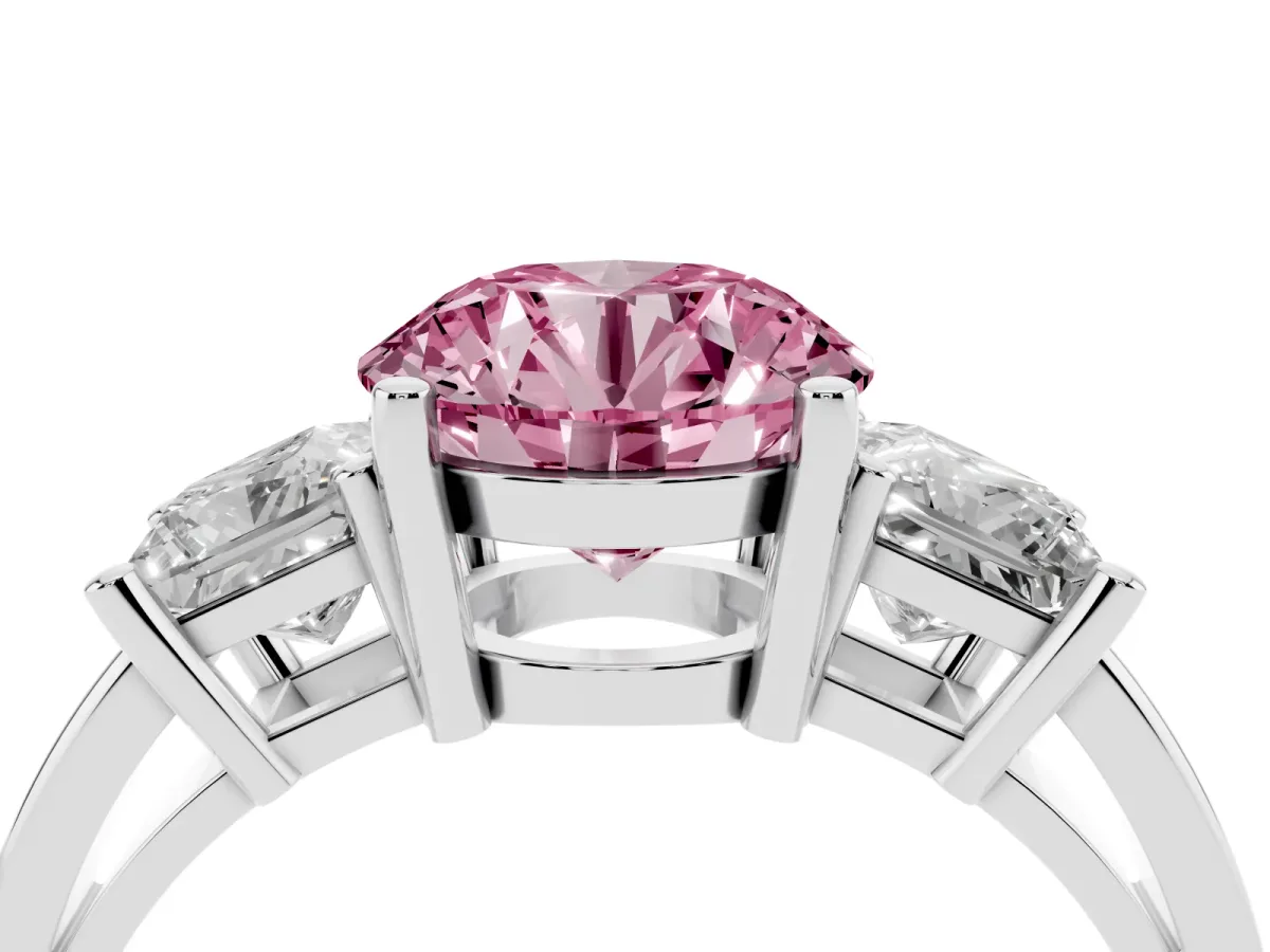 Fancy Pink Three-Stone Round Cut Cut Solitaire Ring with Prong Setting Platinum