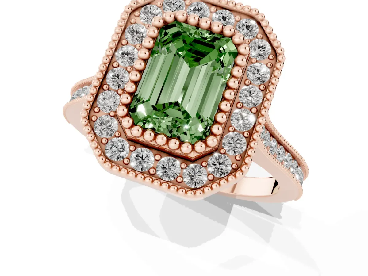 Fancy Green Emerald Cut Diamond Halo Ring with Milgrain Frame and Pavé Band Rose gold
