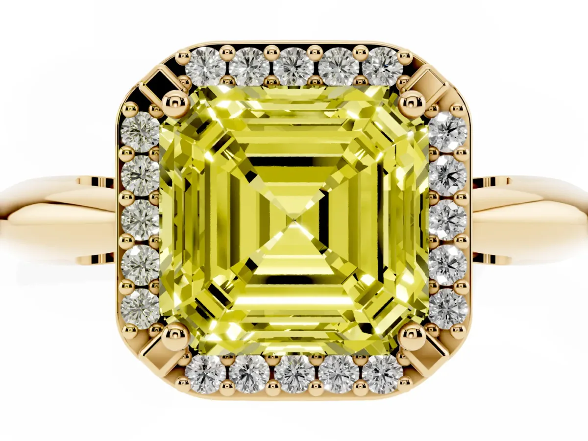Fancy Yellow Asscher Cut Cut Diamond Halo Engagement Ring with Split Shank and Four-Prong Setting Yellow gold
