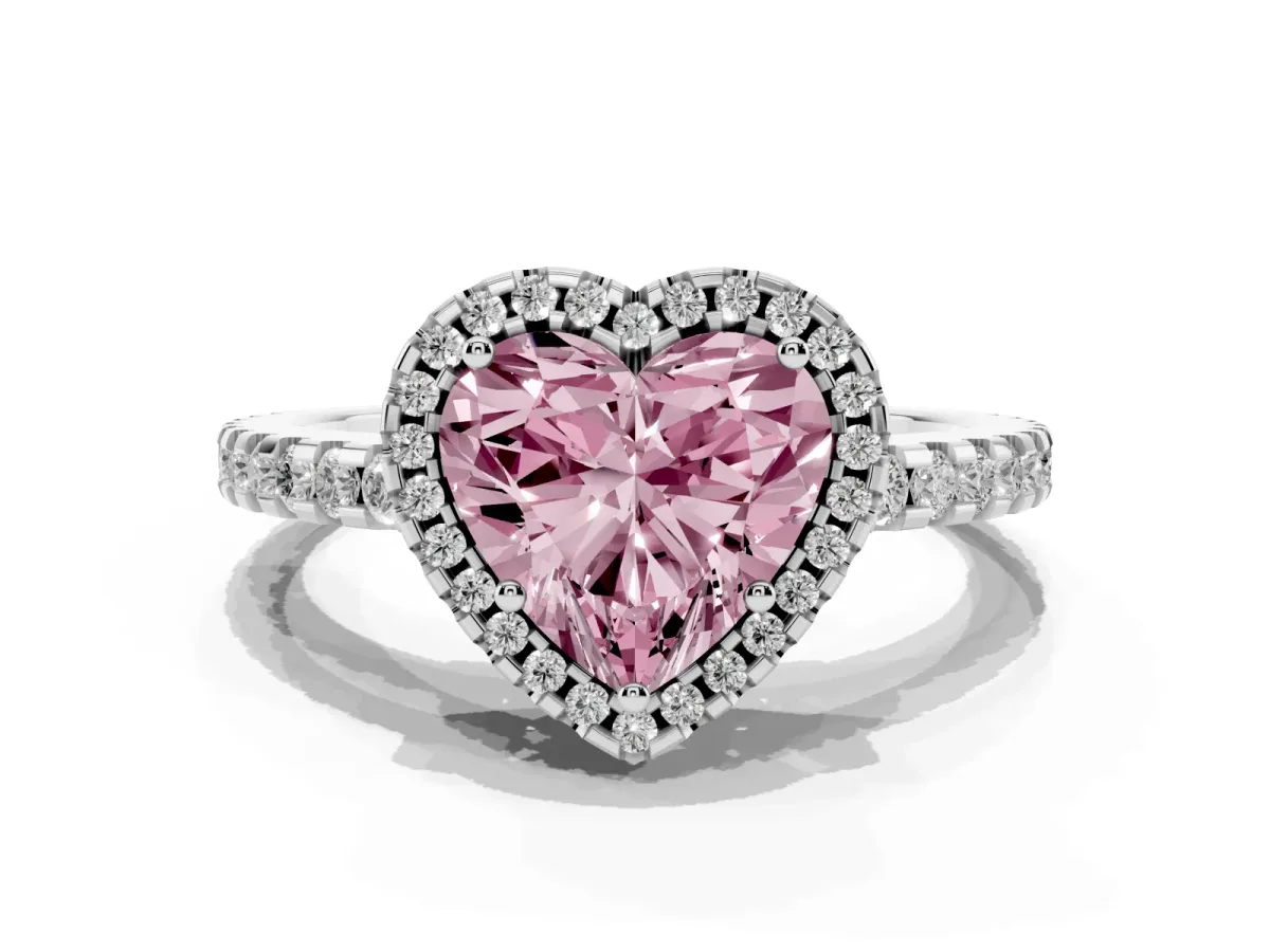 Fancy Pink Heart Cut Diamond Halo Engagement Ring with Pavé Band and Prong Setting White gold