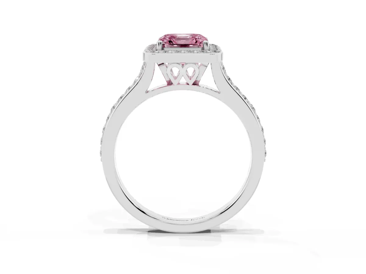 Fancy Pink Asscher Cut Diamond Halo Engagement Ring with Round Pavé Shoulders and Prong Setting White gold