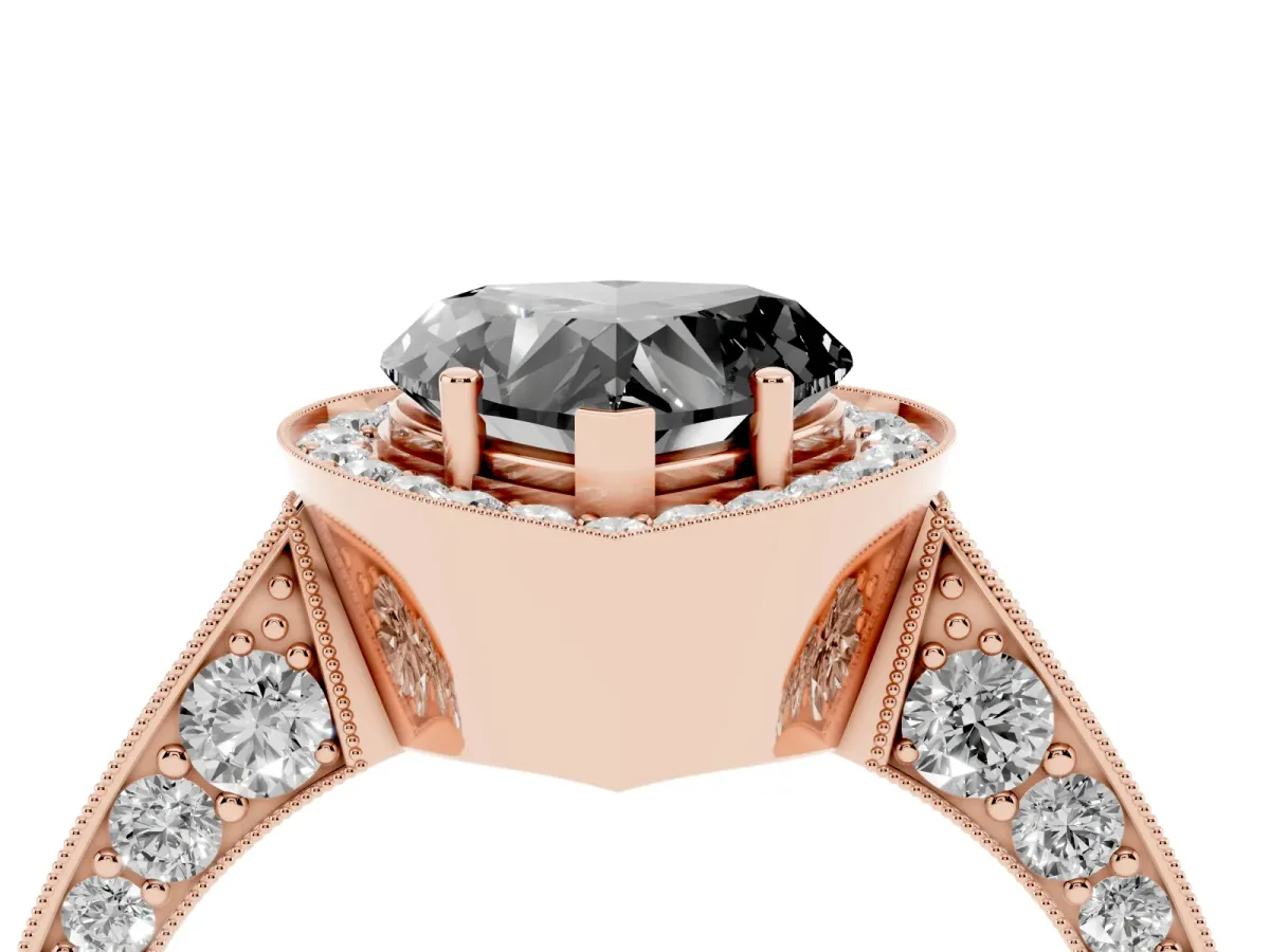 Fancy Black Heart Cut Halo Diamond Engagement Ring with Split Shank Band and Four-Prong Setting Rose gold