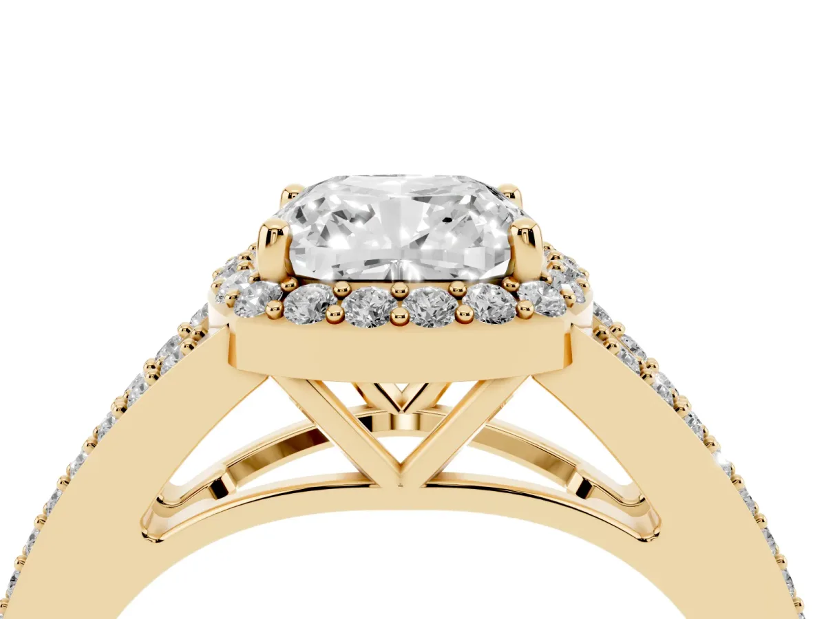 Cushion Cut Halo Split Shank Pave Diamond Ring with Four-Prong Setting Yellow gold