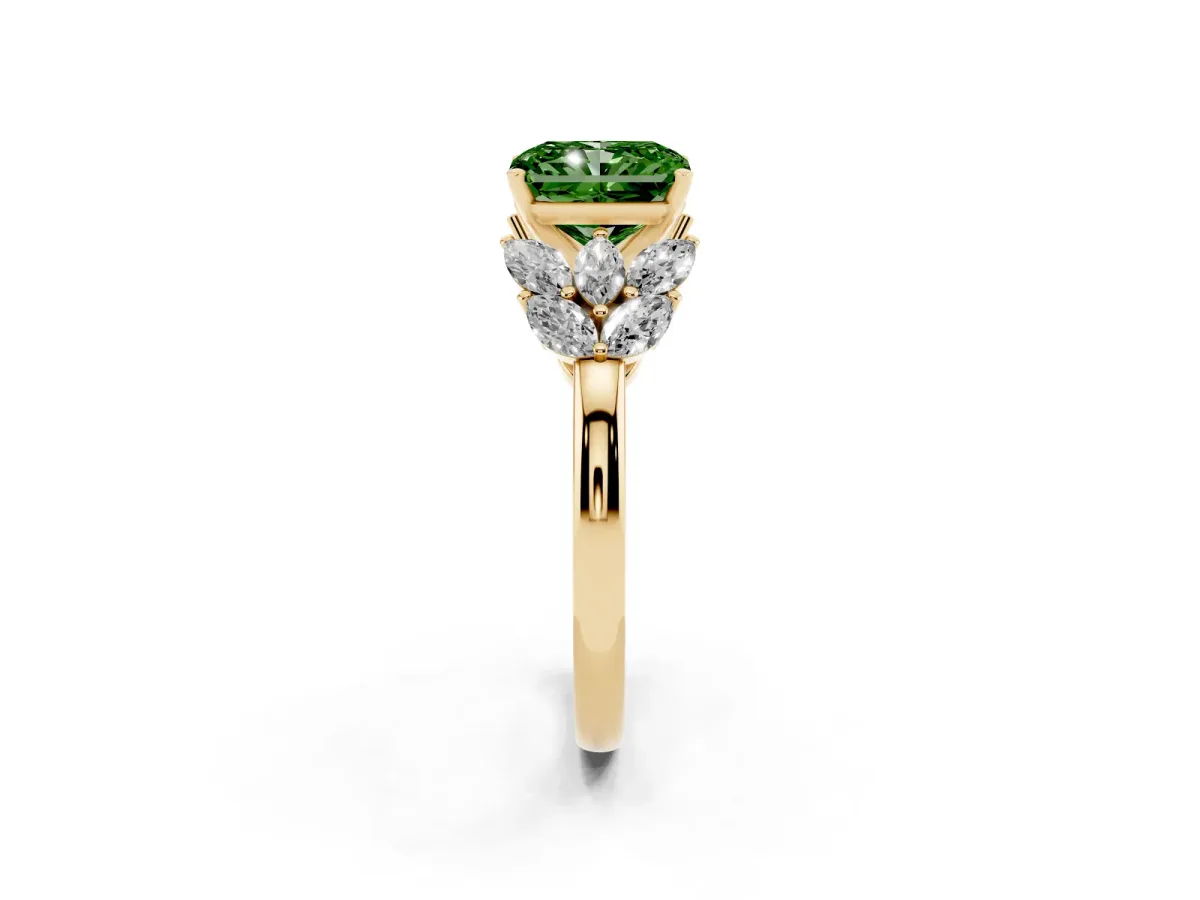 Fancy Green Radiant Cut Diamond Cluster Leaf Design Ring with Prong Setting Yellow gold